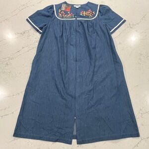 Go Softly NEW Cotton Chambray Patio House S Dress Muumuu Embroidered Floral Bird